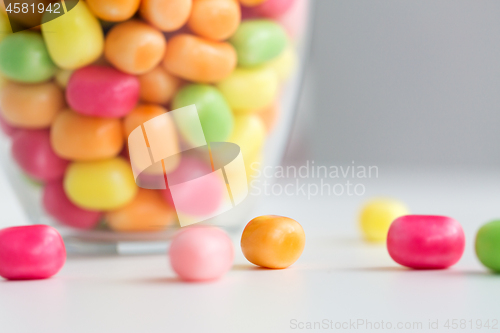 Image of close up of colorful candy drops on table