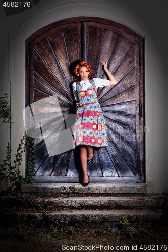 Image of Portrait of a young woman standing in a dirndl on a wooden wall