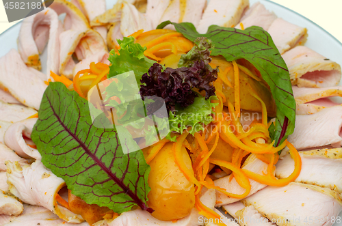 Image of Sliced meat with baked vegetables, close up.