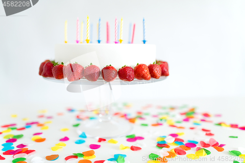 Image of close up of birthday cake with candles on stand