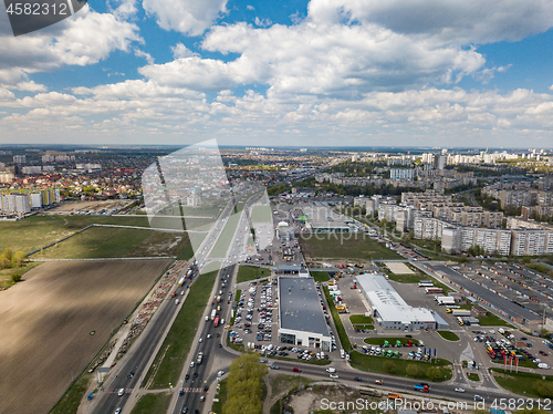 Image of Aerial drone view of city residential area.