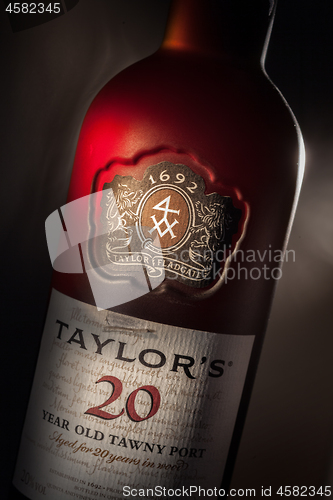 Image of UKRAINE, KYIV - MARCH, 3, 2015. Close-up view of Portugal wine Taylor Fladgate\'s fine 20-year-old tawny.