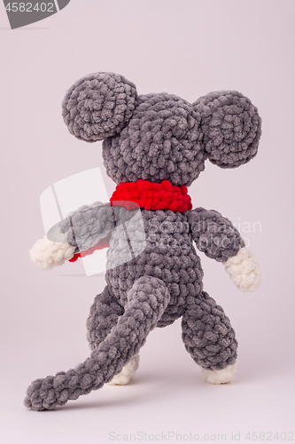 Image of Funny knitted teddy mouse, Rear view, white background