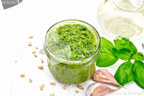 Image of Pesto in jar on wooden board