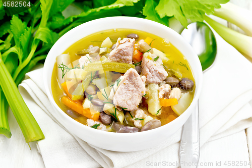 Image of Soup Eintopf in bowl on white board