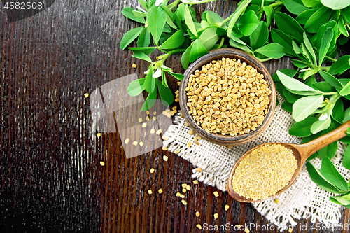 Image of Fenugreek in spoon and bowl with green leaves on dark board top