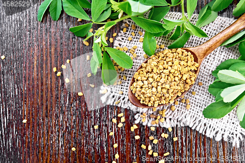 Image of Fenugreek in spoon with leaves on board top