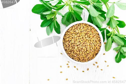 Image of Fenugreek with green leaves in bowl on board top