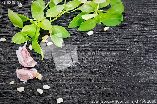 Image of Frame of ingredients for pesto sauce on black board