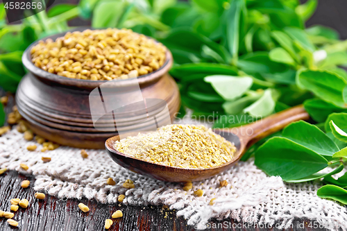 Image of Fenugreek in spoon and bowl with green leaves on napkin