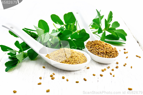 Image of Fenugreek in two spoons with leaves on light board
