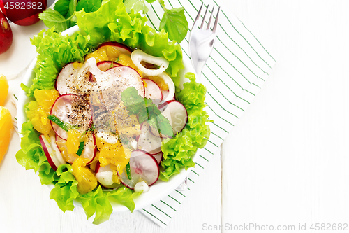 Image of Salad of radish and orange with mint on light board top