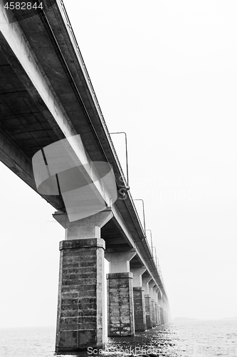 Image of The Oland Bridge in Sweden from low perspective in bw