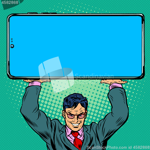 Image of Businessman holds a large smartphone