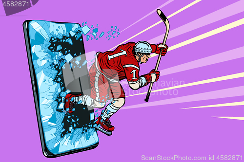 Image of hockey player Phone gadget smartphone. Online Internet application service program