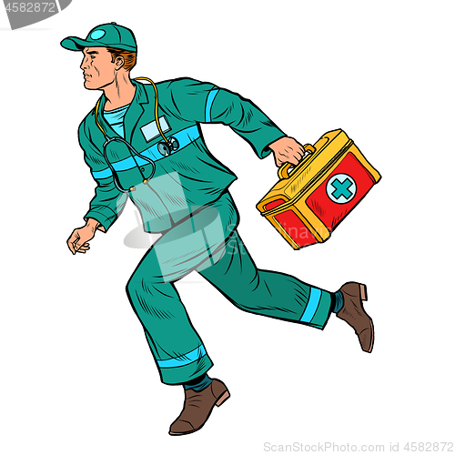 Image of An ambulance doctor. Male medic with first aid kit