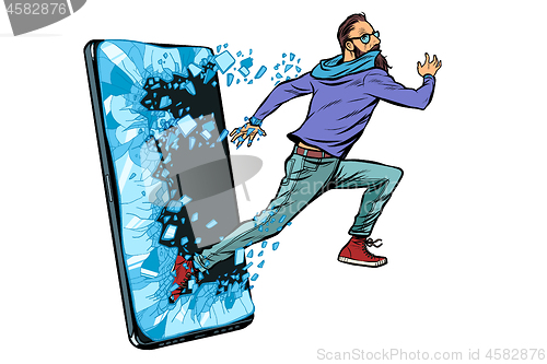 Image of hipster man running Phone gadget smartphone. Online Internet application service program