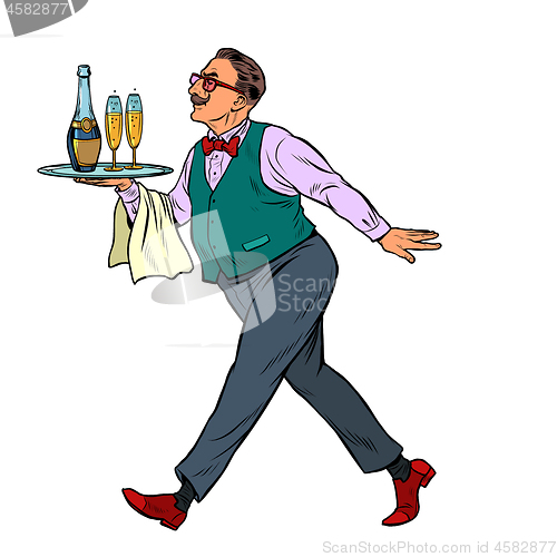 Image of Waiter with a cap tray with glasses