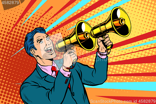 Image of businessman with a megaphone. announcement advertising