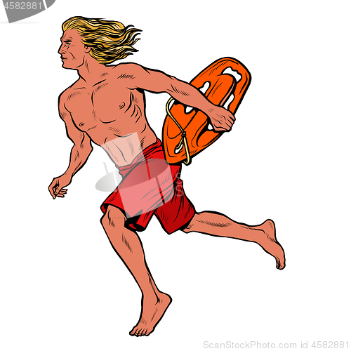 Image of Water rescuer man runs to the aid of drowning man