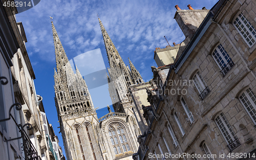 Image of Cathedral of Saint Corentin viewed from the street in Quimper