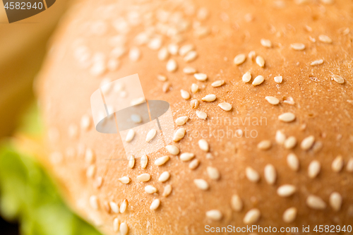 Image of close up of hamburger bun crust with sesame seeds