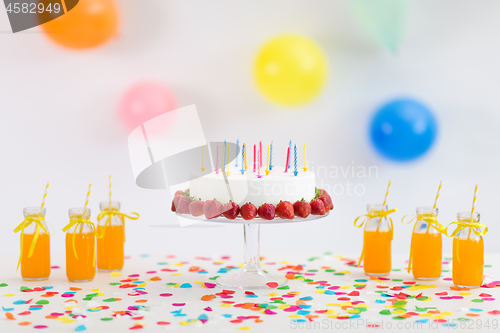 Image of birthday cake, juice, popcorn and marshmallow