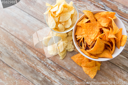 Image of close up of potato crisps and nachos in bowls