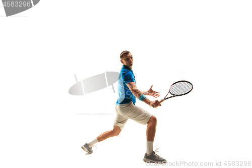 Image of one caucasian man playing tennis player isolated on white background