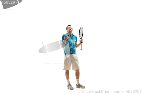 Image of one caucasian man playing tennis player isolated on white background