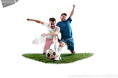 Image of Football players tackling for the ball over white background