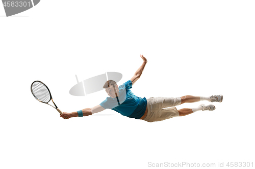 Image of one caucasian man playing tennis player isolated on white background