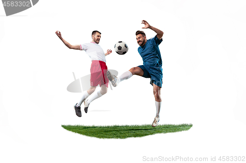 Image of Football players tackling for the ball over white background