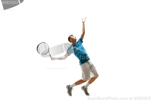 Image of one caucasian man playing tennis player isolated on white background