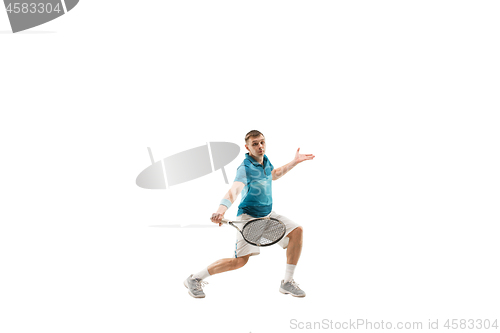 Image of one caucasian man playing tennis player isolated on white background