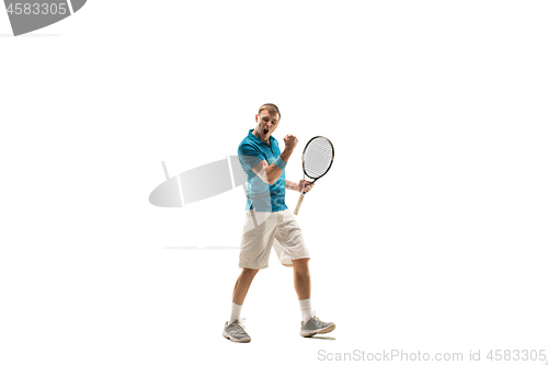 Image of one caucasian man playing tennis player isolated on white background