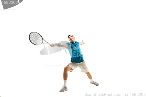 Image of one caucasian man playing tennis player isolated on white background