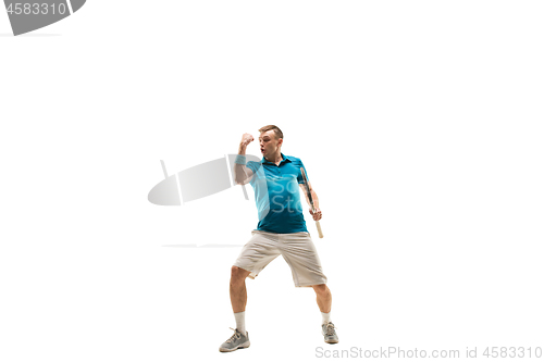 Image of one caucasian man playing tennis player isolated on white background