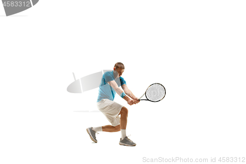 Image of one caucasian man playing tennis player isolated on white background