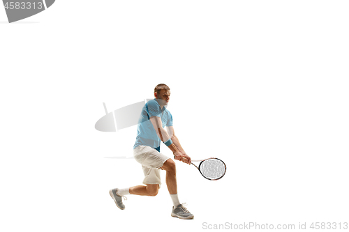 Image of one caucasian man playing tennis player isolated on white background