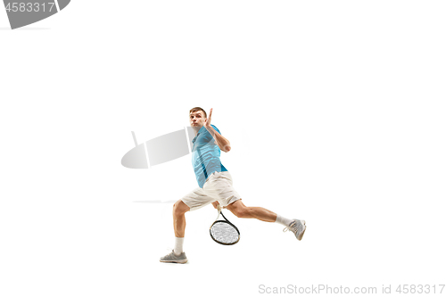Image of one caucasian man playing tennis player isolated on white background