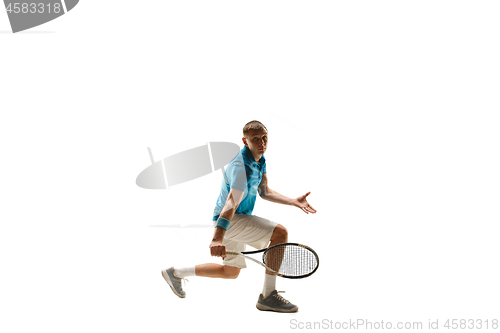 Image of one caucasian man playing tennis player isolated on white background