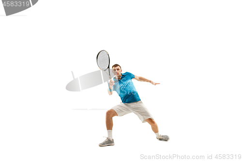 Image of one caucasian man playing tennis player isolated on white background