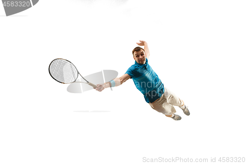 Image of one caucasian man playing tennis player isolated on white background