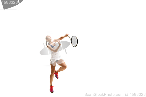 Image of Adult woman playing tennis. Studio shot over white.