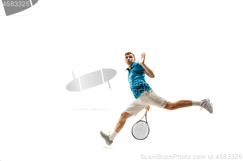 Image of one caucasian man playing tennis player isolated on white background
