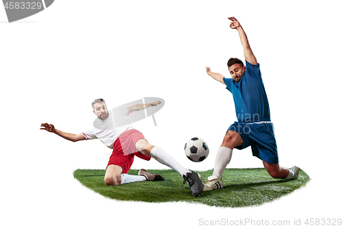 Image of Football players tackling for the ball over white background