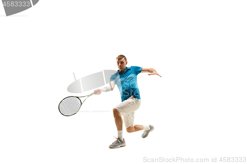 Image of one caucasian man playing tennis player isolated on white background