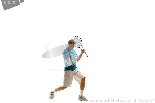 Image of one caucasian man playing tennis player isolated on white background