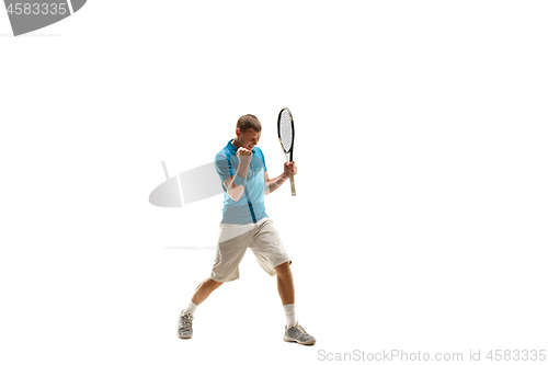 Image of one caucasian man playing tennis player isolated on white background